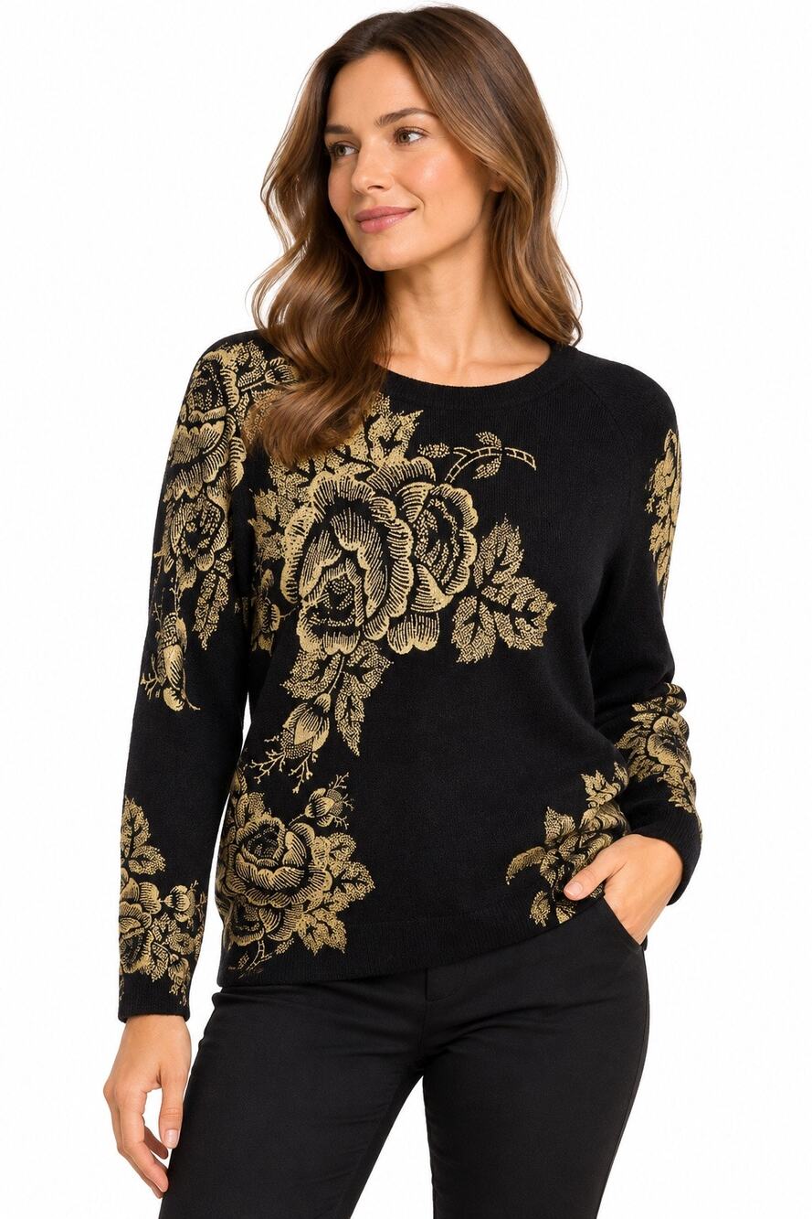 Talbots Pure Cashmere Black & Gold Floral Sweater Size L